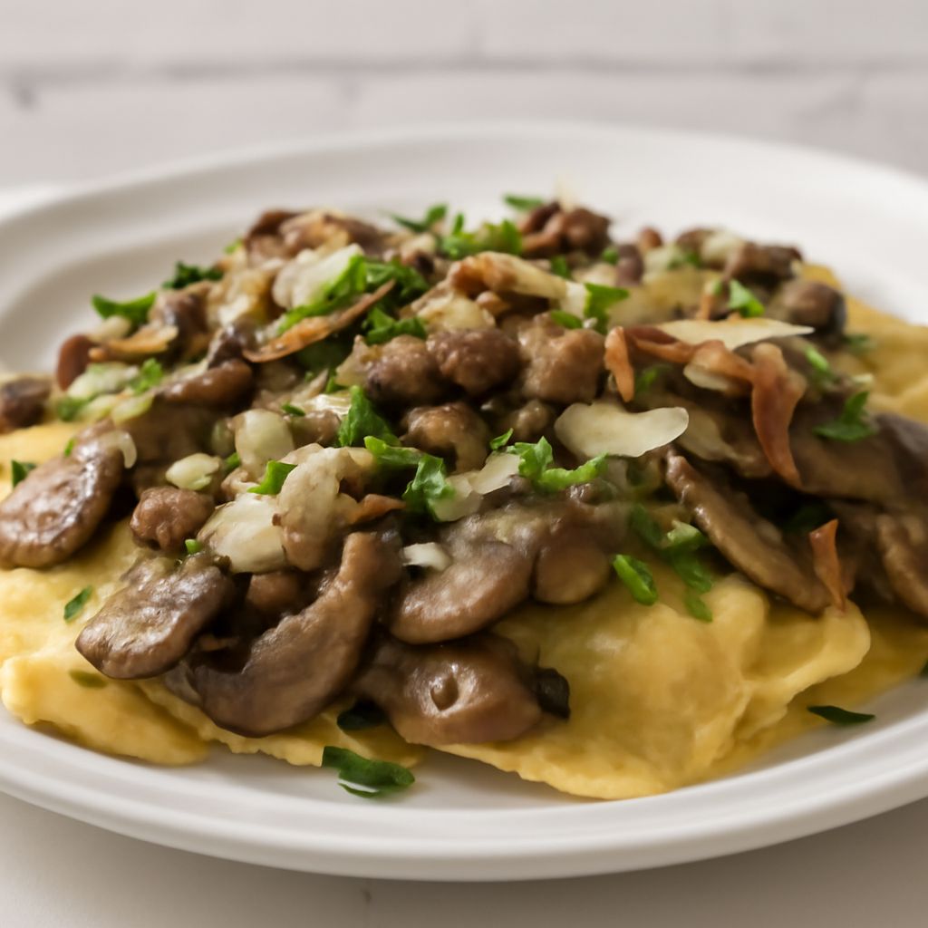 Brown butter sauce drizzled over pasta and ravioli
