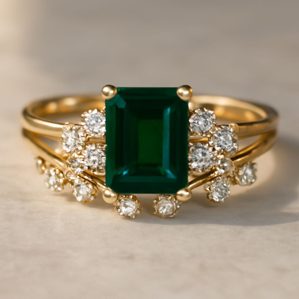Emerald wedding rings and emerald engagement rings with an emerald and diamond ring.