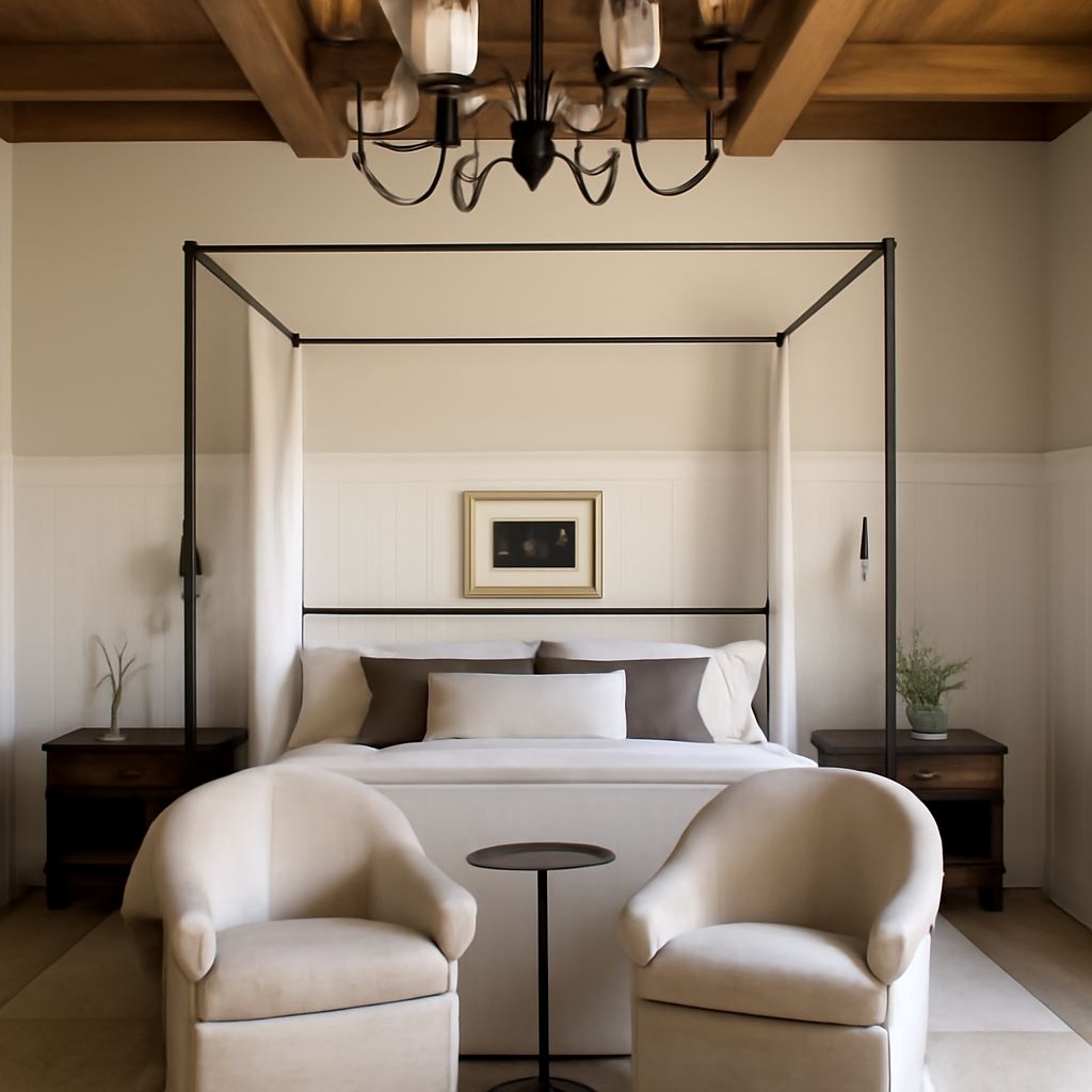 Bedroom styling ideas combine room layout, bedding, lighting, color, and a wall accent.